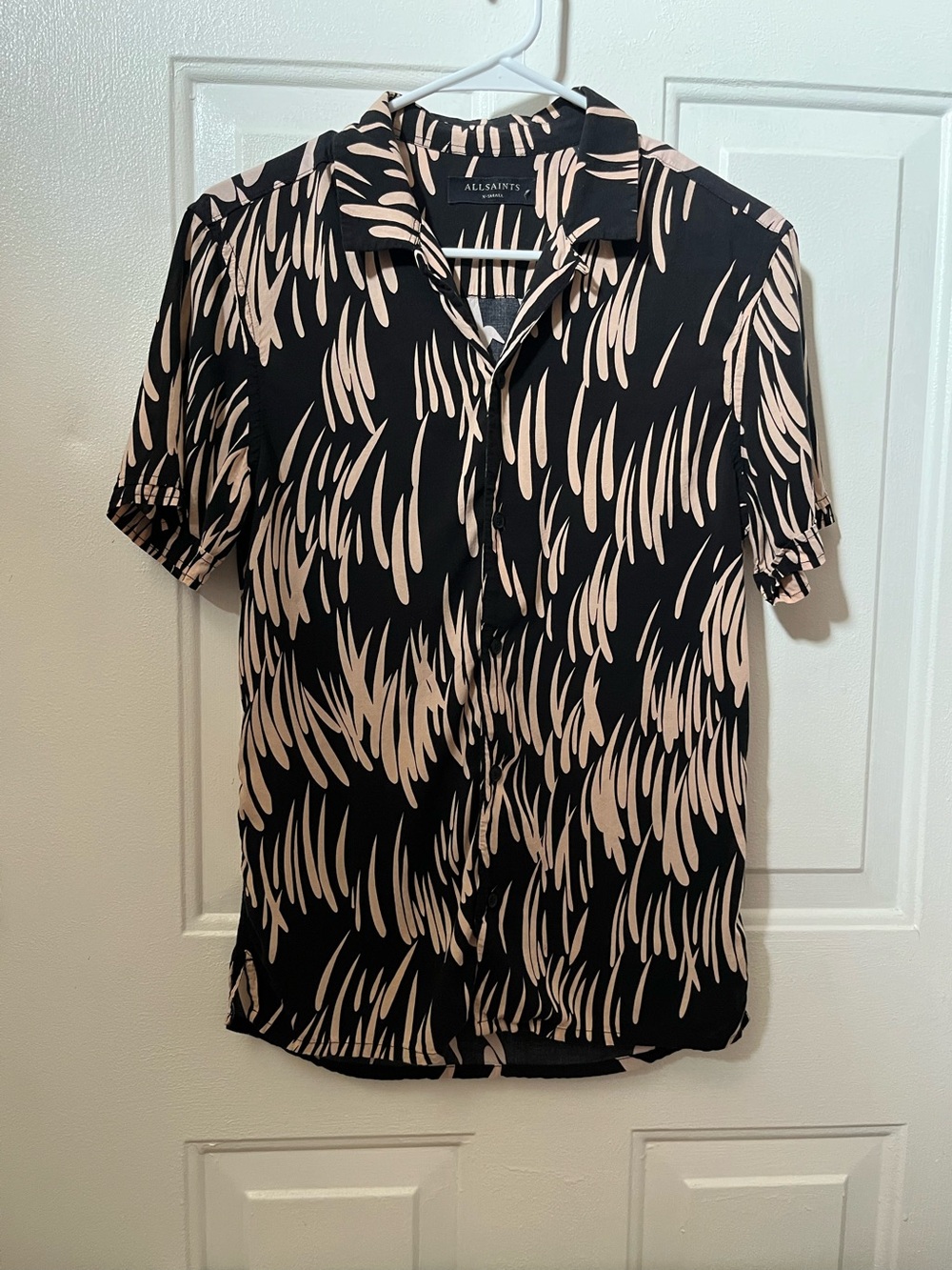 AllSaints Black Shirt with Beige Abstract Brushstroke Print